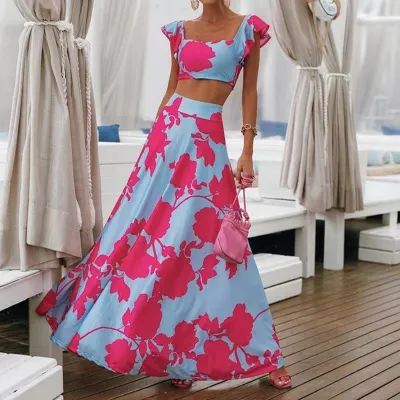 Women Casual Boho Printed Ruffled Sleeveless Crop Top Loose Skirts Two-Piece Set