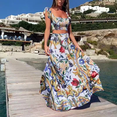 Women Casual Boho Printed Ruffled Sleeveless Crop Top Loose Skirts Two-Piece Set