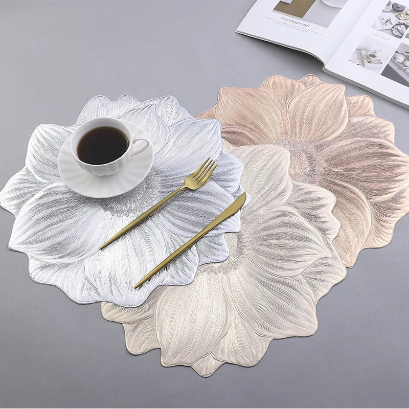 Bronzing PVC Lotus Sunflower Placemat Thickened Heat Insulated Table Mat for Kitchen Dining