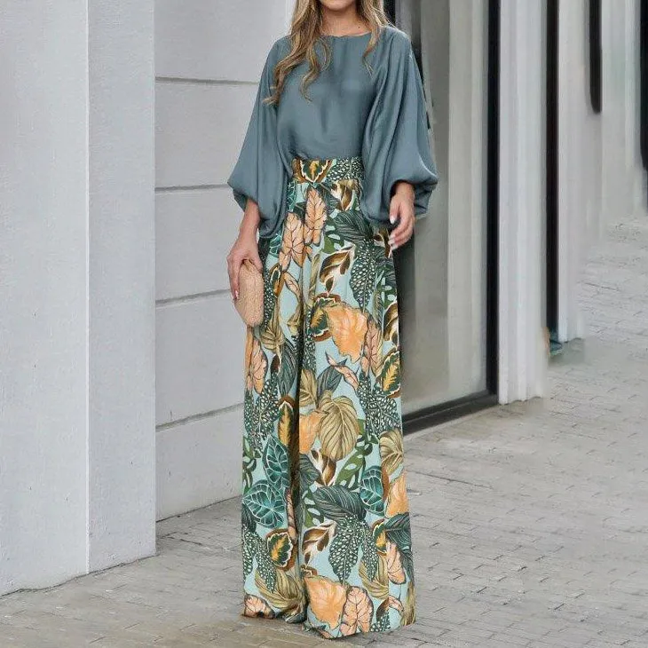 Women Casual Lantern Sleeve Top Floral Printed Wide Leg Pants Set