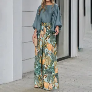 Women Casual Lantern Sleeve Top Floral Printed Wide Leg Pants Set