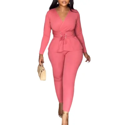Women's Casual Solid Color V-Neck Sleeveless Mid-Waist Stretch Tight Pants Set
