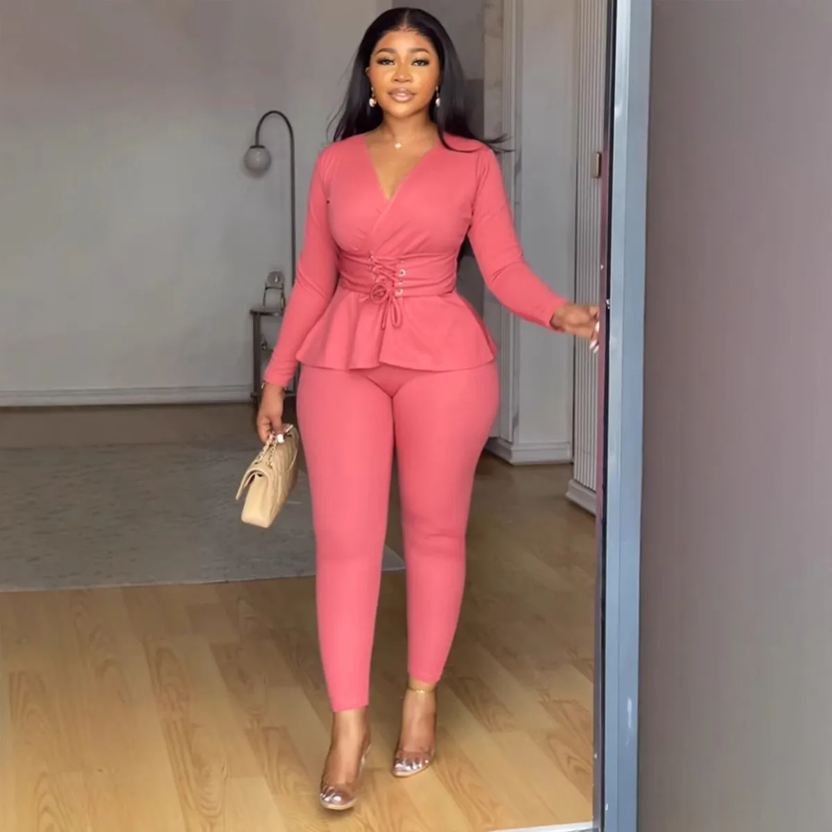 Women's Casual Solid Color V-Neck Sleeveless Mid-Waist Stretch Tight Pants Set
