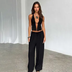Women Fashion Sexy Halter-Neck Sleeveless Backless Slim Fit Pants Two-Piece Set