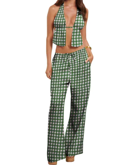 Women Fashion Sexy Halter-Neck Sleeveless Backless Slim Fit Pants Two-Piece Set