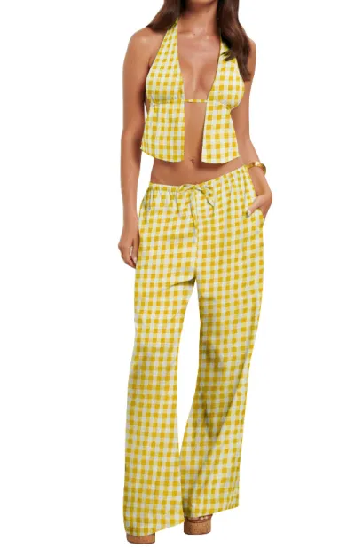 Women Fashion Sexy Halter-Neck Sleeveless Backless Slim Fit Pants Two-Piece Set
