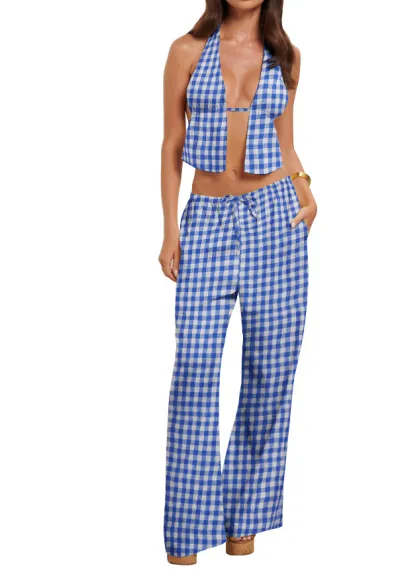 Women Fashion Sexy Halter-Neck Sleeveless Backless Slim Fit Pants Two-Piece Set