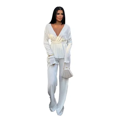Women Casual Solid Color V-Neck Long Sleeve Lace-Up Top Loose Pants Two-Piece Set