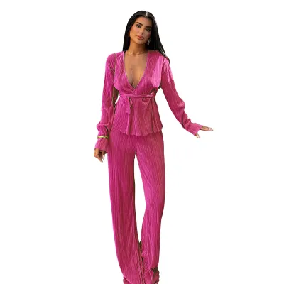 Women Casual Solid Color V-Neck Long Sleeve Lace-Up Top Loose Pants Two-Piece Set