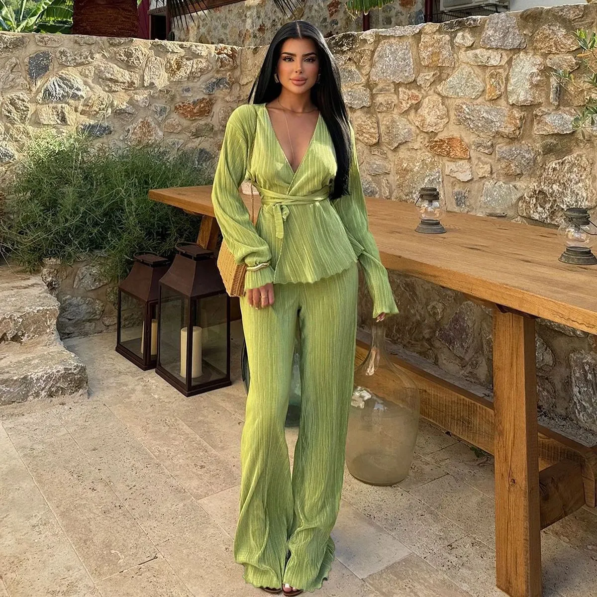 Women Casual Solid Color V-Neck Long Sleeve Lace-Up Top Loose Pants Two-Piece Set
