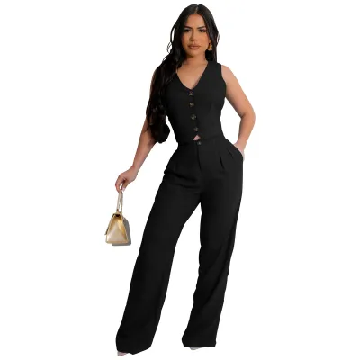 Women's Casual Commuter Wind Solid Color Linen-Like Sleeveless Tank Top Slim Fit Pants Two-Piece Set