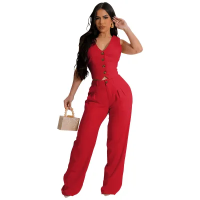 Women's Casual Commuter Wind Solid Color Linen-Like Sleeveless Tank Top Slim Fit Pants Two-Piece Set