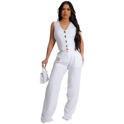 Women's Casual Commuter Wind Solid Color Linen-Like Sleeveless Tank Top Slim Fit Pants Two-Piece Set
