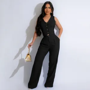 Women's Casual Commuter Wind Solid Color Linen-Like Sleeveless Tank Top Slim Fit Pants Two-Piece Set