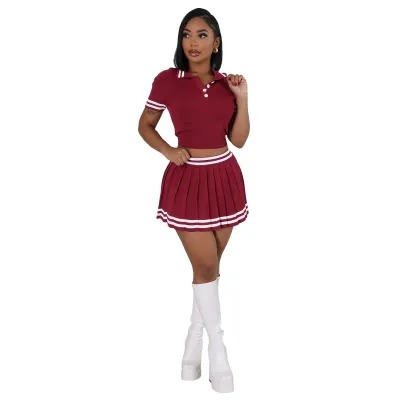 Women Fashion Sexy Contrast Color Knit Polo Collar Short Sleeve Top Pleated Skirt Two-Piece Set
