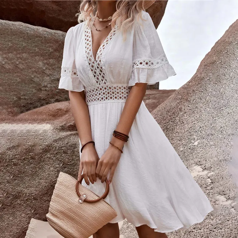 Women Casual Boho Lace Stitching V-Neck Short-Sleeve Hollow-Out Dress