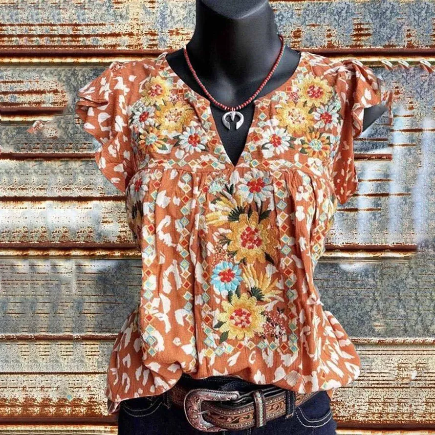 Women Casual Retro Boho Floral Printed Loose V-Neck Short-Sleeve T-Shirt