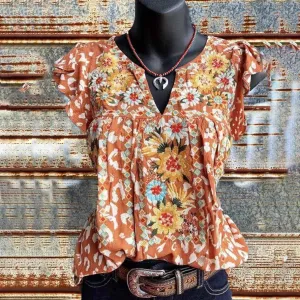 Women Casual Retro Boho Floral Printed Loose V-Neck Short-Sleeve T-Shirt