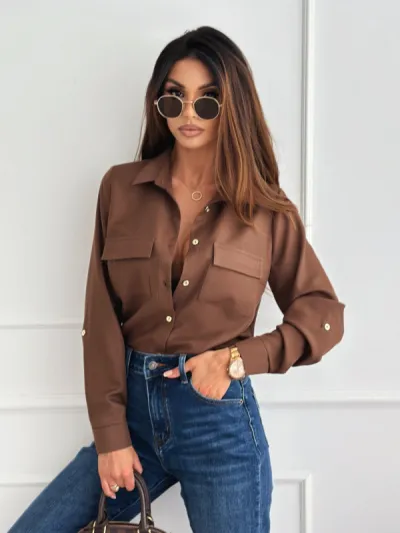 Women Casual Commuter Wind Polyester Button Lapel Long Sleeve Blouse