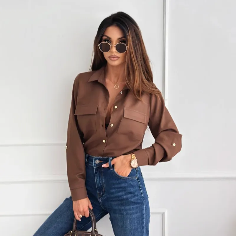 Women Casual Commuter Wind Polyester Button Lapel Long Sleeve Blouse