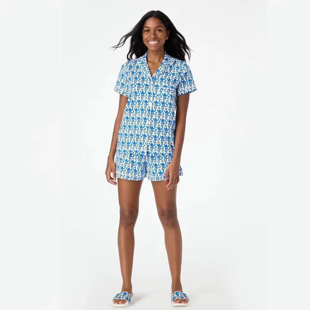 Women's Casual Print Short-Sleeve Top and Loose Shorts Pajama Set