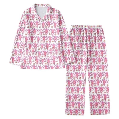 Women's Monkey Print Lapel Long-Sleeve Top and Loose Pants Pajama Set