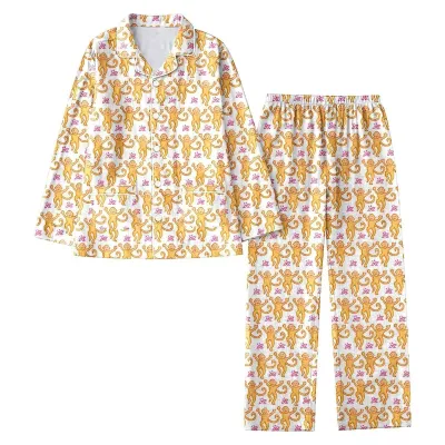 Women's Monkey Print Lapel Long-Sleeve Top and Loose Pants Pajama Set