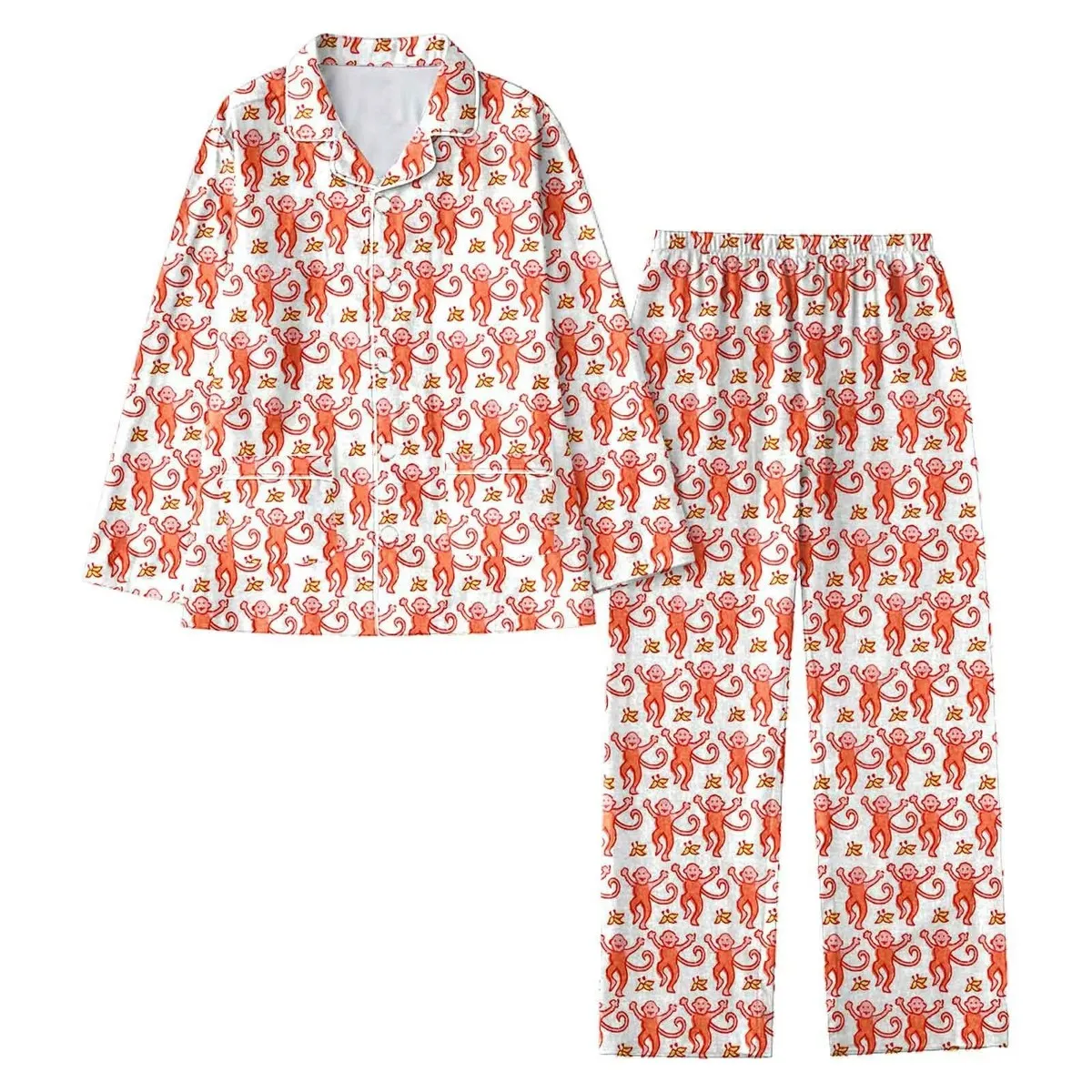 Women's Monkey Print Lapel Long-Sleeve Top and Loose Pants Pajama Set