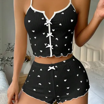 Women's Heart-Shaped Printed Bowknot Camisole Slim Fit Shorts Pajamas Two-Piece Set