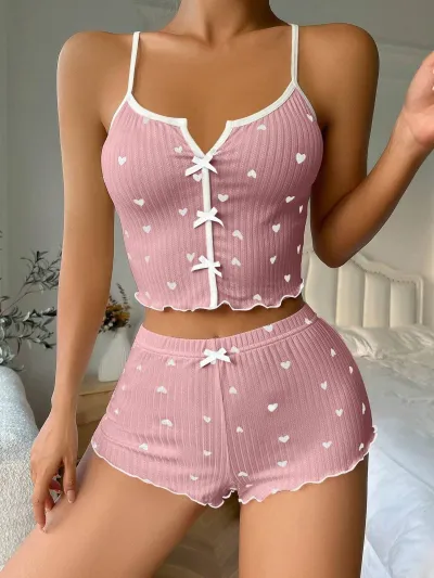 Women's Heart-Shaped Printed Bowknot Camisole Slim Fit Shorts Pajamas Two-Piece Set