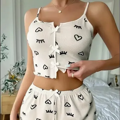 Women's Heart-Shaped Printed Bowknot Camisole Slim Fit Shorts Pajamas Two-Piece Set