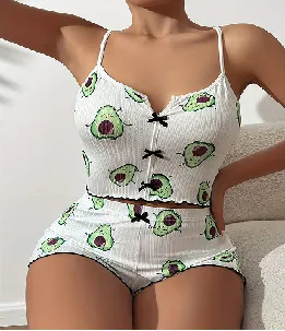 Women's Heart-Shaped Printed Bowknot Camisole Slim Fit Shorts Pajamas Two-Piece Set