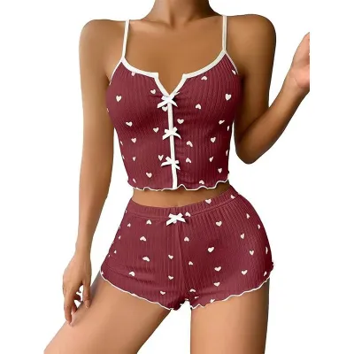 Women's Heart-Shaped Printed Bowknot Camisole Slim Fit Shorts Pajamas Two-Piece Set