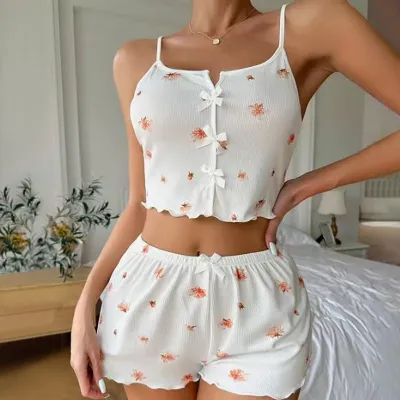 Women's Heart-Shaped Printed Bowknot Camisole Slim Fit Shorts Pajamas Two-Piece Set