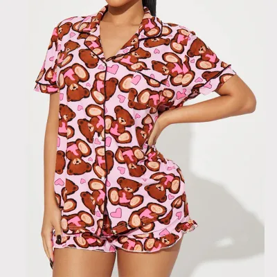 Women's Casual Love Printed Short-Sleeve Top and Short Pajama Set - Loose Fit Polyester