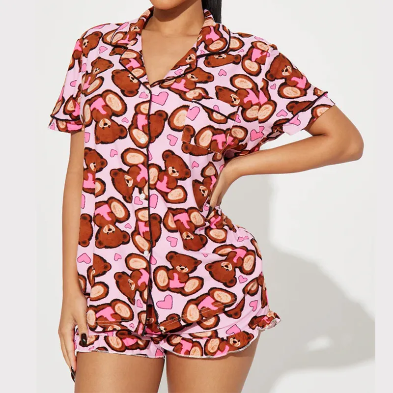 Women's Casual Love Printed Short-Sleeve Top and Short Pajama Set - Loose Fit Polyester