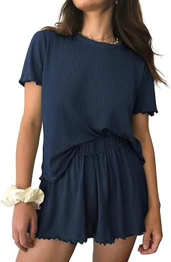 Women Casual Solid Color Rib Knitted Wave Edge Short Sleeve Top Loose Shorts Pajamas Two-Piece Set