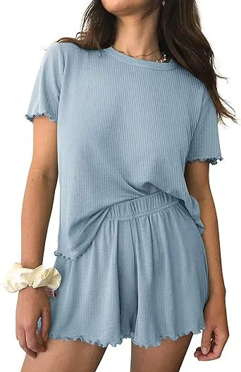 Women Casual Solid Color Rib Knitted Wave Edge Short Sleeve Top Loose Shorts Pajamas Two-Piece Set