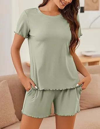 Women Casual Solid Color Rib Knitted Wave Edge Short Sleeve Top Loose Shorts Pajamas Two-Piece Set
