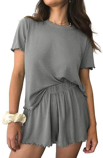 Women Casual Solid Color Rib Knitted Wave Edge Short Sleeve Top Loose Shorts Pajamas Two-Piece Set