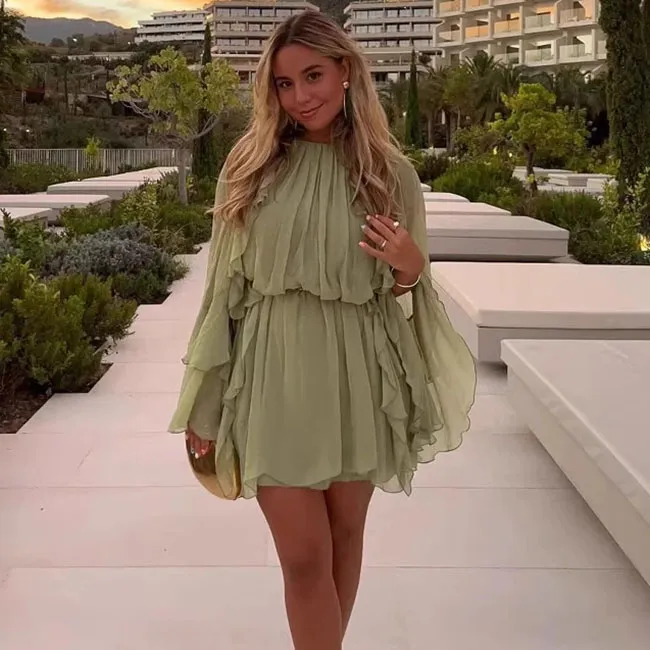 Women Summer Beach Vacation Solid Color Long Sleeve Ruffled Mini Dress