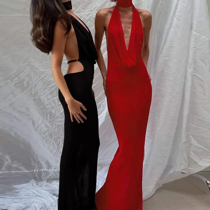 Women Sexy Backless Halter Neck Slim-Fit Maxi Formal Dress