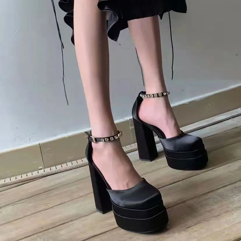 Women Fashion Rhinestone Satin Super Thick High Heel Platform Shoes
