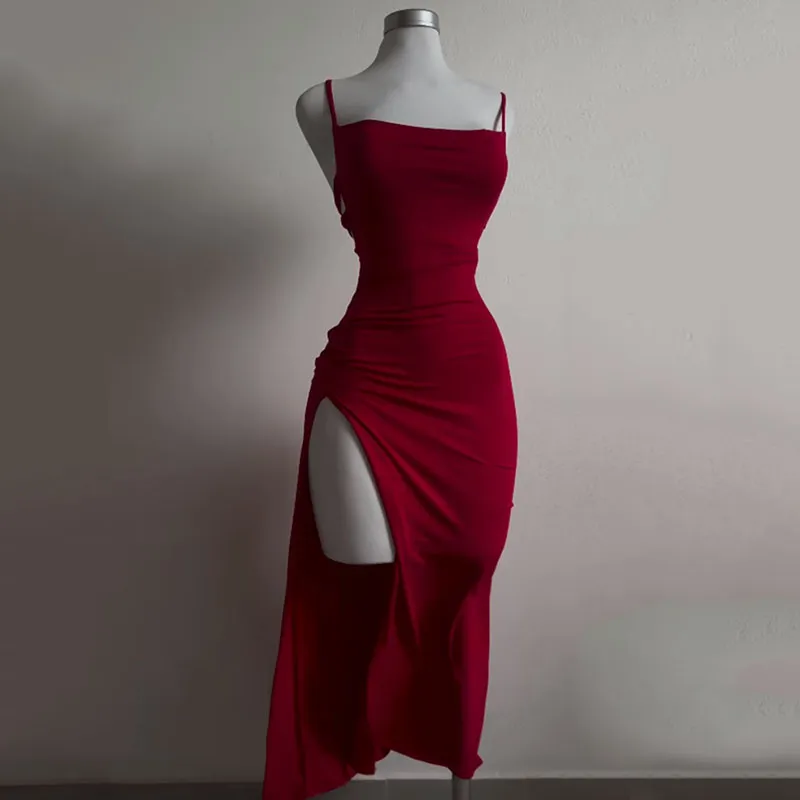 Sexy Women Slim Fit Solid Color Side-Slit Backless Bandage Dress