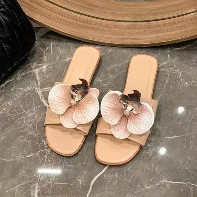 Women Summer Vacation Flower Decor Flat Slippers