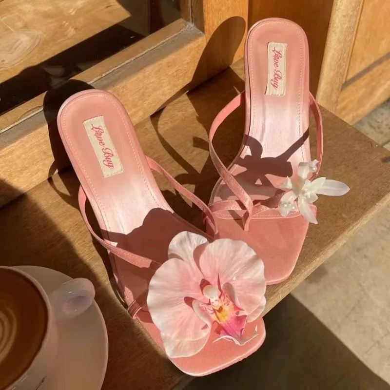 Summer Beach Women Flower Decor High Heeled Slippers