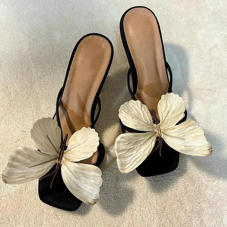 Summer Women Vacation Butterfly High Heeled Slippers Office Square Toe