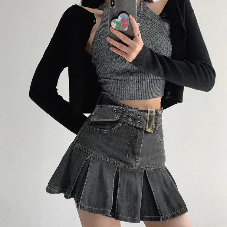 Women's High Waist Pleated Denim Skirt - Commuter Wind A-Line Short Skirt