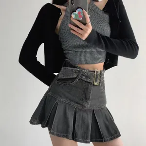 Women's High Waist Pleated Denim Skirt - Commuter Wind A-Line Short Skirt