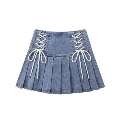 Women Fashion Sexy High Waist Pleated Lace-Up Denim Skirt